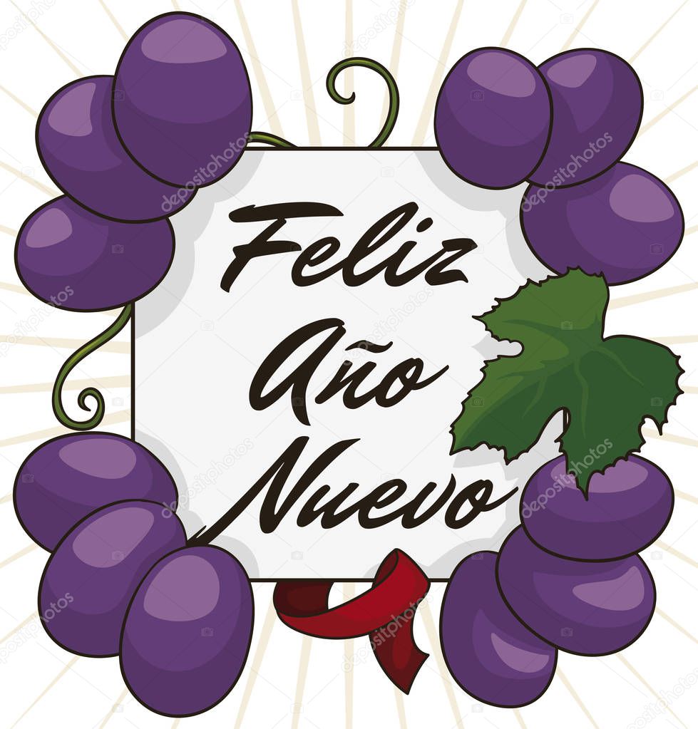 Greeting message decorated with twelve delicious grapes, leaf, vines, streamer and paper for Colombian and Hispanic omens for a prosperous and happy New Year (written in Spanish).