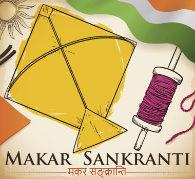 Geleneksel Hint uçurtma ve reel bir yapmak için bazı malzemeleri ile elinde çizilmiş tarzı blueprint: kağıt, ip ve sopa (Sanskritçe yazılı Makar Sankranti festivali kutlamak için).