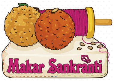 Farklı tarzlarda lezzetli laddus: lezzetli bir bessan ve laddoo, tarz diğer bir motichoor servis kumaş peçeteye bir nakış metin ve uçurtma Makar Sankranti Türkiye.