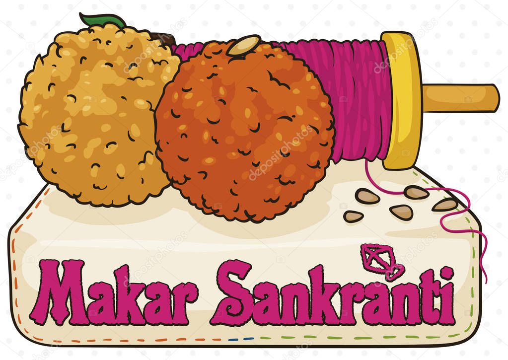 Delicious laddus in different styles: a delicious bessan and the other one motichoor styled laddoo, served in a cloth napkin with a embroidery text and kite of Makar Sankranti in India.