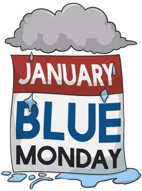 Loose-leaf calendar with a rainy cloud symbolizing the unhappiness, bad weather and discouragement during Blue Monday in the month of January.