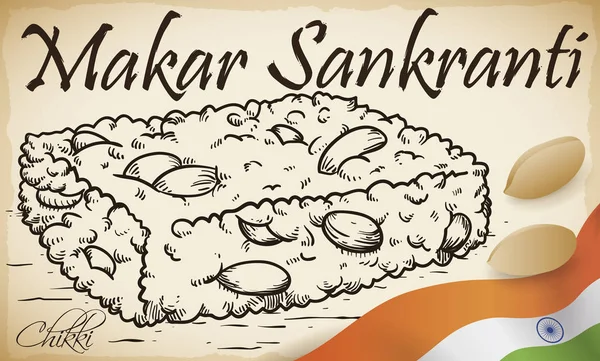 Χέρι Συρμένο Σχέδιο Του Ένα Γευστικό Και Παραδοσιακό Chikki Σνακ — Διανυσματικό Αρχείο