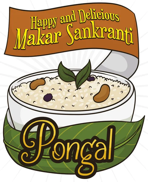Delicious Pongal Dish Mung Beans Raisins Served Bowl Decorated Banana — ストックベクタ