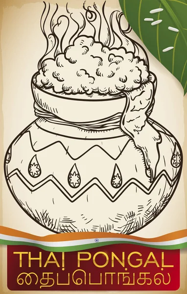 伝統的なおいしい甘いご飯鍋で調理粘土 手に描画スタイル ポンガル祭 赤ラベルでタミル語の記述 インドの旗 バナナの葉で飾られました — ストックベクタ