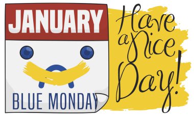 Sad loose-leaf calendar with a yellow smiley painting, correcting the depressed face, promoting joy and happiness in the Blue Monday. clipart