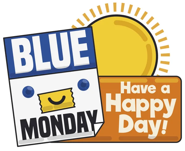 かわいい 幸せなルーズリーフ カレンダーが太陽を見つめると 月曜日ブルー中笑顔で気分を変える — ストックベクタ