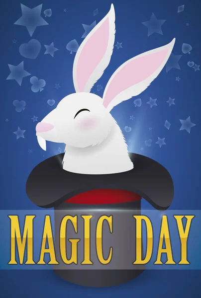 Традиционный Фокус Кролик Выходит Цилиндра Классическое Шоу Честь Дня Магии — стоковый вектор