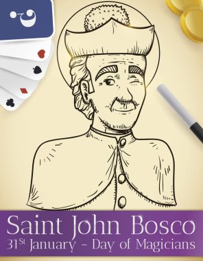 Anımsatıcı tarihi büyücüler gün bu 31 Ocak ve bazı iskambil, paralar ile hile ve bir sihirli değnek için çizim Saint John Bosco için tuþuyla.
