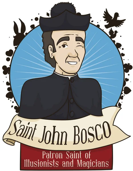 Portrait Saint John Bosco Greeting Ribbons Remembering You Patron Magicians — Stock Vector