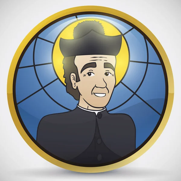 段階の手品師および奇術師の守護聖人 聖ヨハネ ボスコ肖像ステンド グラスの効果を持つラウンド ボタン — ストックベクタ