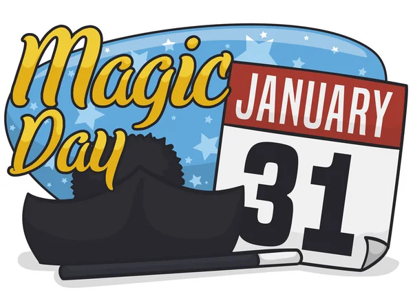 日历与魔杖和比雷塔庆祝魔术日, 矢量插图 — 图库矢量图片