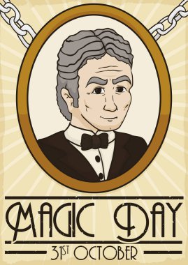 Retro tasarım Harry Houdini resim ile Hatıra bir broş ile Magic günde 31 Ekim sırasında yaptığı vefat tarihi ve muhteşem mirasının anmak için.