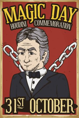 Harry Houdini portre onun ölümü ve kariyer kaçış sanatçı ve büyücü olarak Magic gündüz bu 31 Ekim anısına zincirlerle Retro poster.