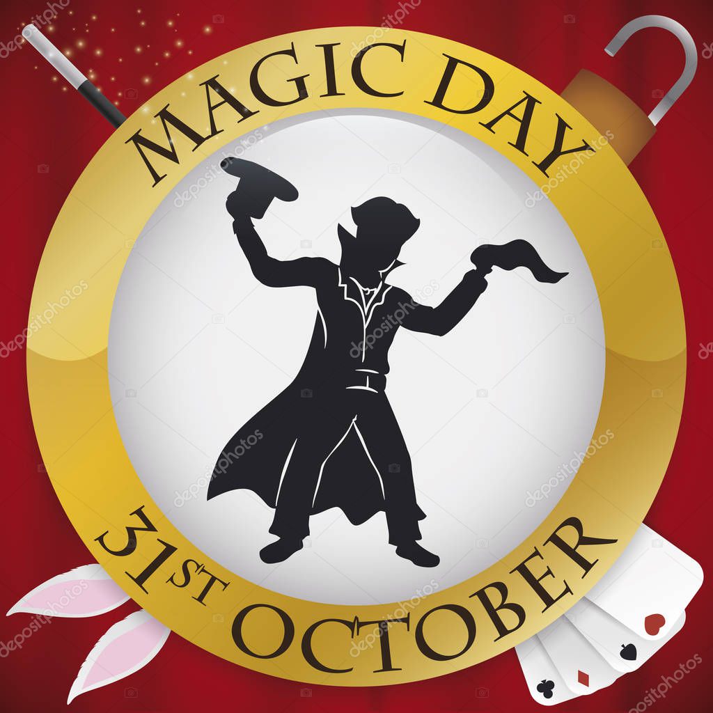 Button with magician silhouette ready to perform some magical spectacles during Magic Day: fabrics and bunny from a top hat, playing card tricks, escape of padlocks and more illusions with magic wand.