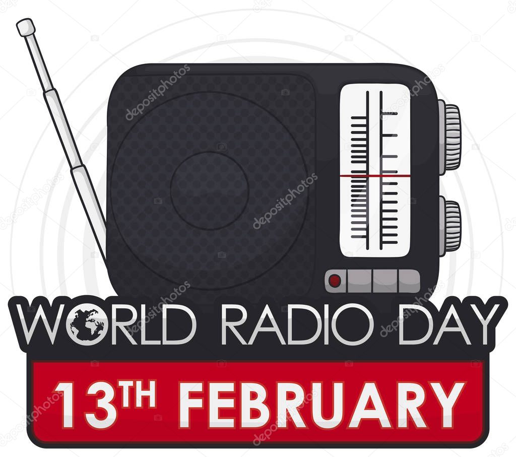 Tiny analog radio broadcasting a special show to celebrate World Radio Day over a greeting silver design with globe and label like 