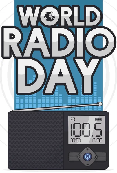 Modern radio with digital display and antenna deployed, tuning a special show to celebrate World Radio Day in February 13.