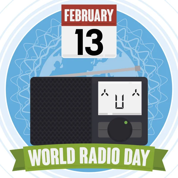 ラジオ受信機 デジタル画面 アラームの日付とルーズリーフ カレンダー 挨拶で笑顔でフラットなデザインは 日世界のラジオの日を祝うためにリボンします — ストックベクタ