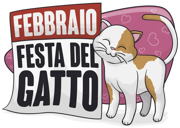 Hermoso Lindo Gatito Promoviendo Día Del Gato Escrito Italiano Frotando — Vector de stock