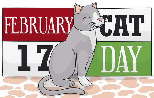 Banner with a elegant cat sit in a heart shaped floor, waiting patiently the Cat Day celebration this 17th February.