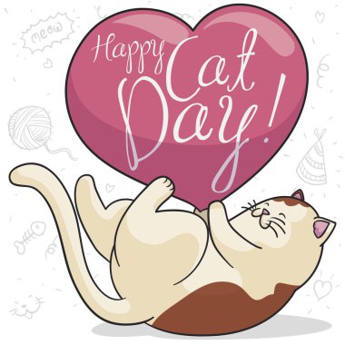 Bir kalp ile oyun oynayan tombul kedi şeklinde balon oynama ve diğer oyuncaklar için kedi gün görüntüleme: parti şapkası, flamalar, konfeti balık ve yün dize top.