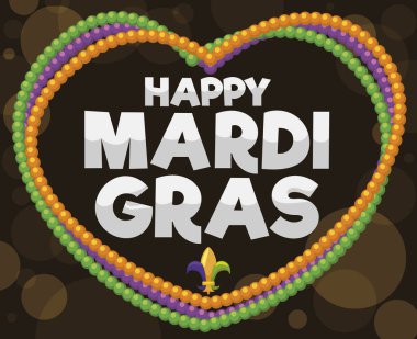 Karnaval gece kalp ile yaka bokeh etkisi ile bir arka plan üzerinde New Orleans'ta Mardi Gras kutlamak için mor, yeşil ve altın renkleri ve lily çiçek şeklinde.