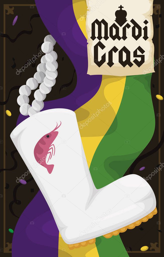 Mardi Gras Flag and Shrimp Boot for Throwing in Parades, Vector Illustration