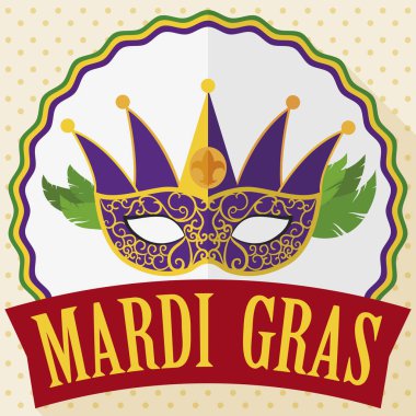 Maske, düğme ve şerit Mardi Gras, vektör çizim kutlamak için tüylü