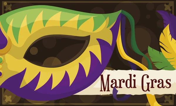 Cadre avec demi-masque, rouleau et plumes pour la célébration de Mardi Gras, illustration vectorielle — Image vectorielle