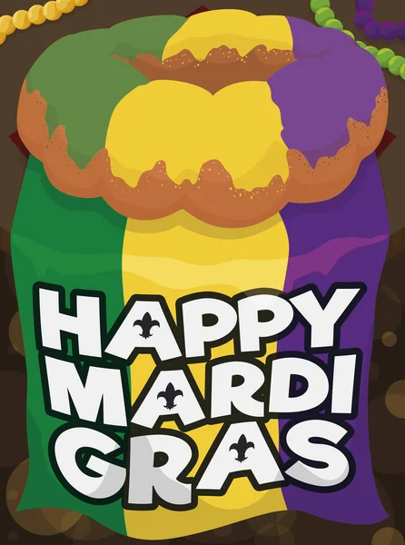 Commemorative Mardi Gras Flag and Delicious King's Cake, Vector Illustration — Stock Vector