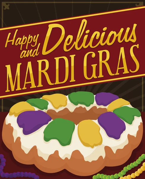 Delicioso bolo do rei com colares para celebrar Mardi Gras, ilustração vetorial — Vetor de Stock