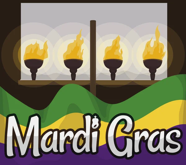 Flambeaux tradicional com tochas e bandeira para celebrar Mardi Gras, ilustração vetorial —  Vetores de Stock