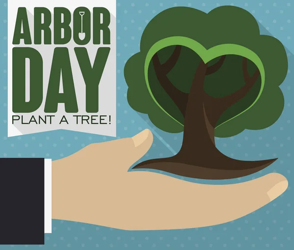Flat Design with Hand Holding a Tree during Arbor Day, Vector Illustration — 图库矢量图片