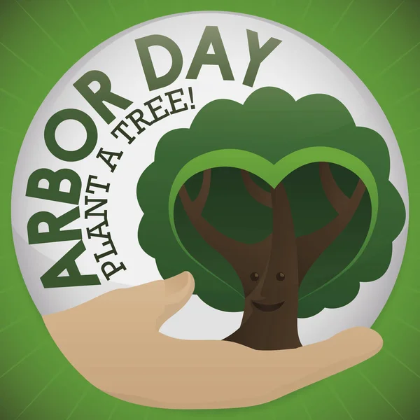 圆按钮与手和树庆祝 Arbor 天, 向量例证 — 图库矢量图片
