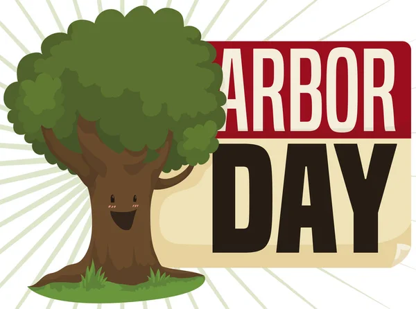 Happy Tree over Reminder para celebrar el Día del Árbol, ilustración vectorial — Vector de stock