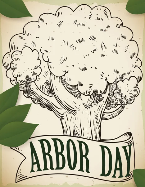 Árbol dibujado a mano y cinta con hojas para el día del cenador, ilustración vectorial — Vector de stock