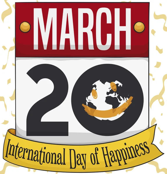 Ribbon, Kalender dengan Globe dan Senyum untuk Hari Kebahagiaan, Vector Illustration - Stok Vektor