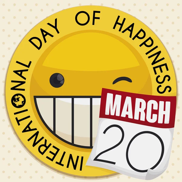 Etikett med leende och kalender för internationella dagen för lycka, vektor Illustration — Stock vektor