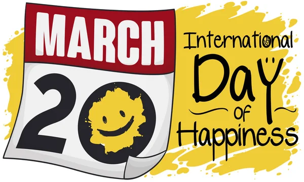 Kalender über gelbem Pinselstrich und Lächeln für den Tag des Glücks, Vektorillustration — Stockvektor
