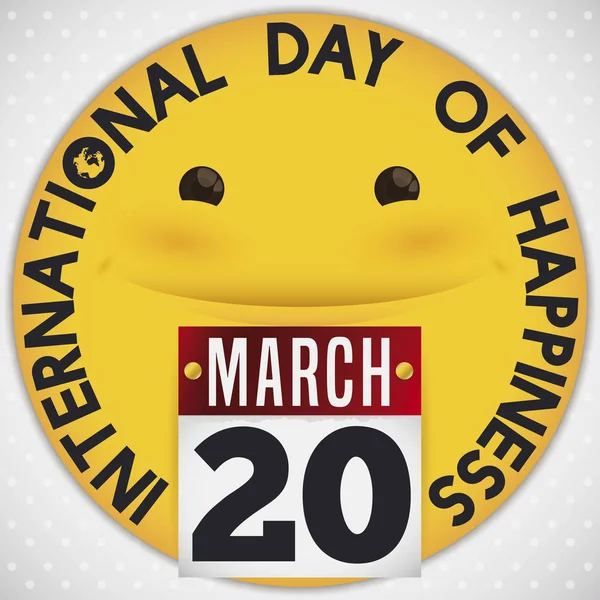 Botão com Sorriso e Calendário para o Dia Internacional da Felicidade, Ilustração do Vetor — Vetor de Stock