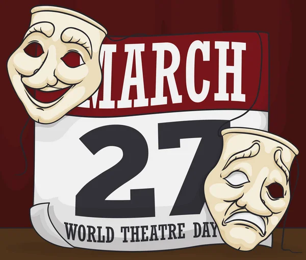 Maschere su Loose-leaf Calendar per commemorare la Giornata Mondiale del Teatro, Illustrazione vettoriale — Vettoriale Stock