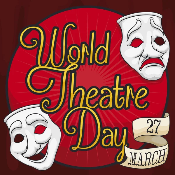 Maschere e nastro sul palco per la Giornata Mondiale del Teatro, Illustrazione vettoriale — Vettoriale Stock