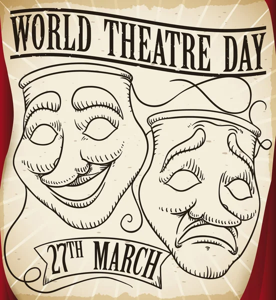 Scorri con maschere Disegna e tende per celebrare la Giornata del Teatro, illustrazione vettoriale — Vettoriale Stock