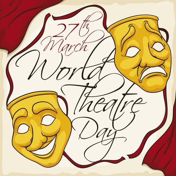Máscaras douradas e cortinas comemorando o Dia Mundial do Teatro em março, ilustração vetorial —  Vetores de Stock