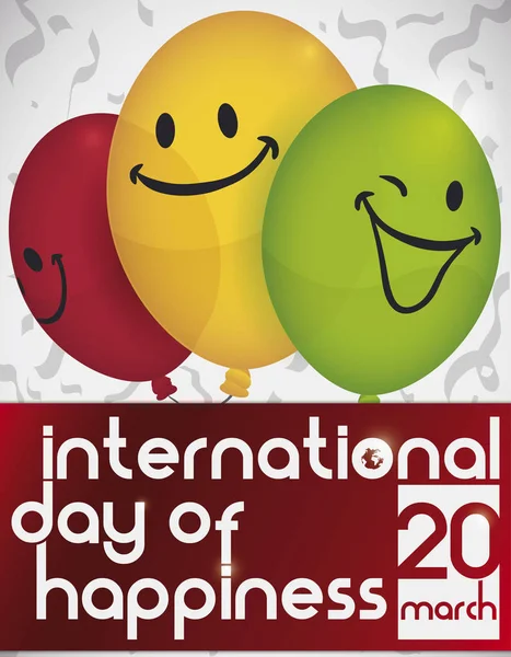 Ballons colorés heureux célébrant la Journée internationale du bonheur, Illustration vectorielle — Image vectorielle