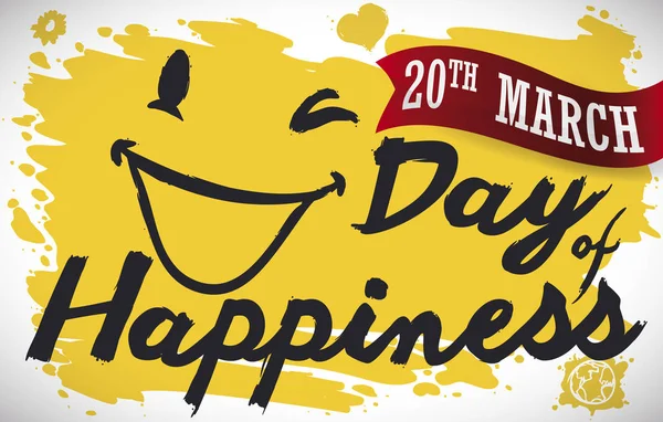 Yellow Brushstroke with Smiley Face and Ribbon for Happiness 'Day, Vector Illustration — стоковый вектор