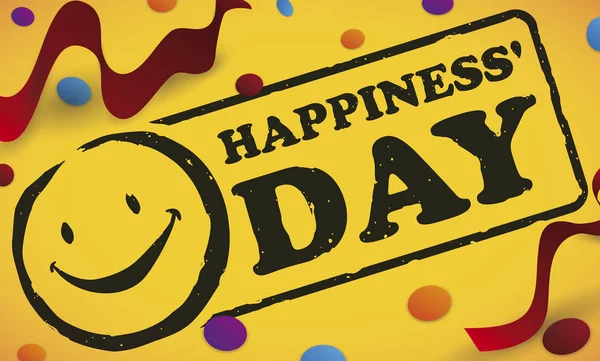 Conception avec timbre, confettis et Streamers pour célébrer le jour du bonheur, Illustration vectorielle — Image vectorielle