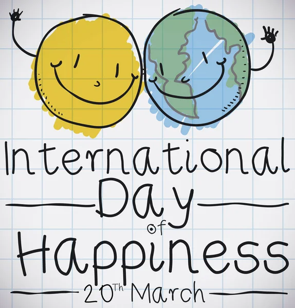 Veselý obličej a Globe čmáranice slaví mezinárodní den štěstí, vektorové ilustrace — Stockový vektor