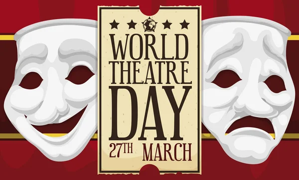 Tende, maschere e biglietti commemorativi per celebrare la Giornata Mondiale del Teatro, illustrazione vettoriale — Vettoriale Stock