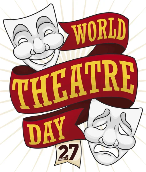 Maskers met herdenkingsmunt lint te vieren wereld Theatre Day, vectorillustratie — Stockvector