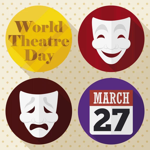 Botões com máscaras e calendário para celebrar o Dia Mundial do Teatro, ilustração vetorial —  Vetores de Stock